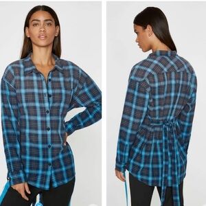 Pam & Gela Plaid Tartan Long Sleeve Belted Tie Back Button Up Cotton Casual Top